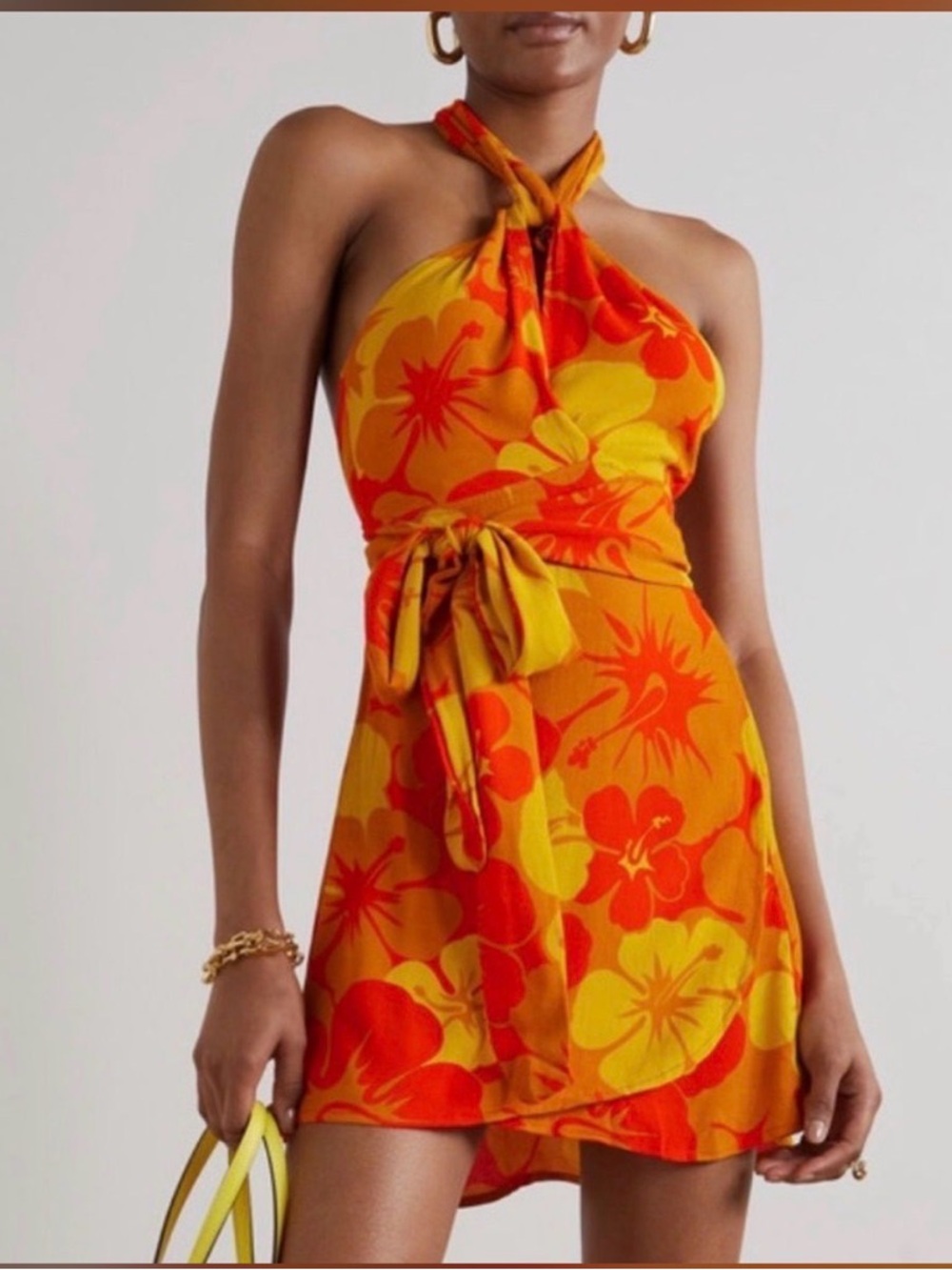 Faithfull The Brand Halter Floral Mini Dress Tie Accent Orange Yellow Red Size S